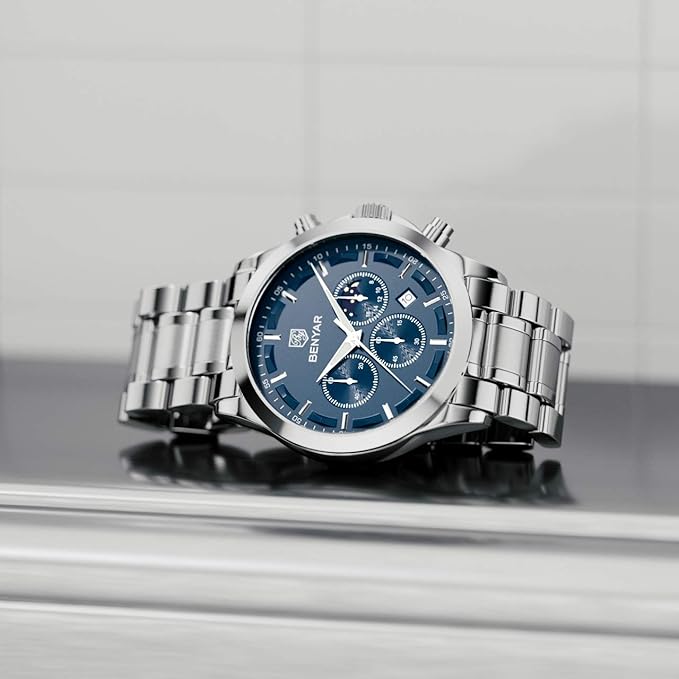 Montre Benyar chronographe analogique à quartz avec bracelet en acier inoxydable
