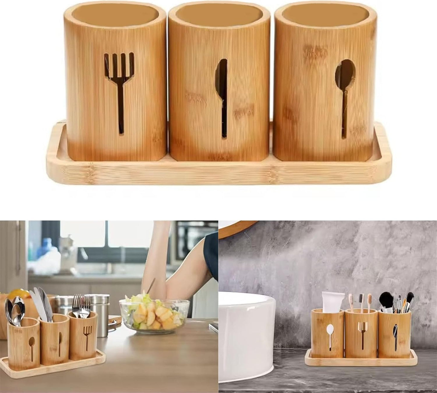 Organiseur d'ustensiles de cuisine Tesly en bambou poli