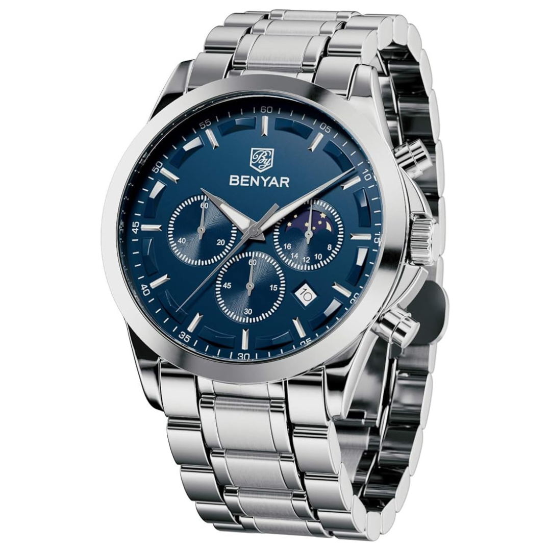Montre Benyar chronographe analogique à quartz avec bracelet en acier inoxydable