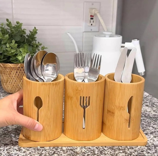 Organiseur d'ustensiles de cuisine Tesly en bambou poli